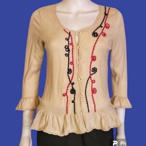 VTG NICK & MO Cream Ruffle Embroidered Peplum Button Down Sweater Medium